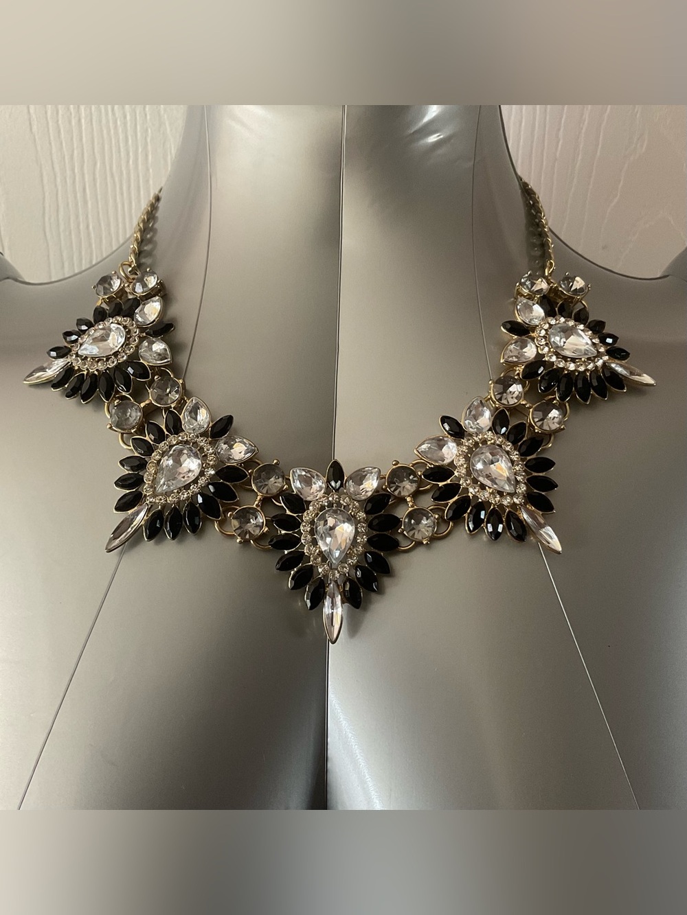 Gold Tone Clear & Black Crystal Rhinestone Bib Statement Necklace, 21 in